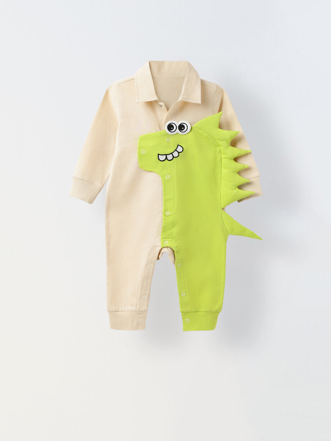 Ecru & Green Cotton Jersey Romper With Dragon Patch For Infant's
