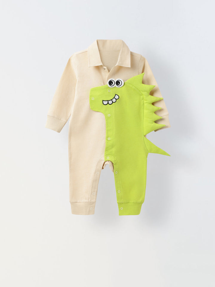 Ecru & Green Cotton Jersey Romper With Dragon Patch For Infant's