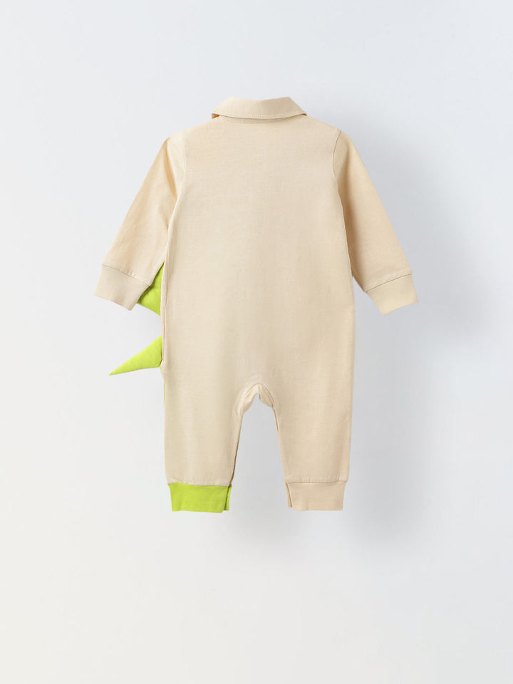 Ecru & Green Cotton Jersey Romper With Dragon Patch For Infant's