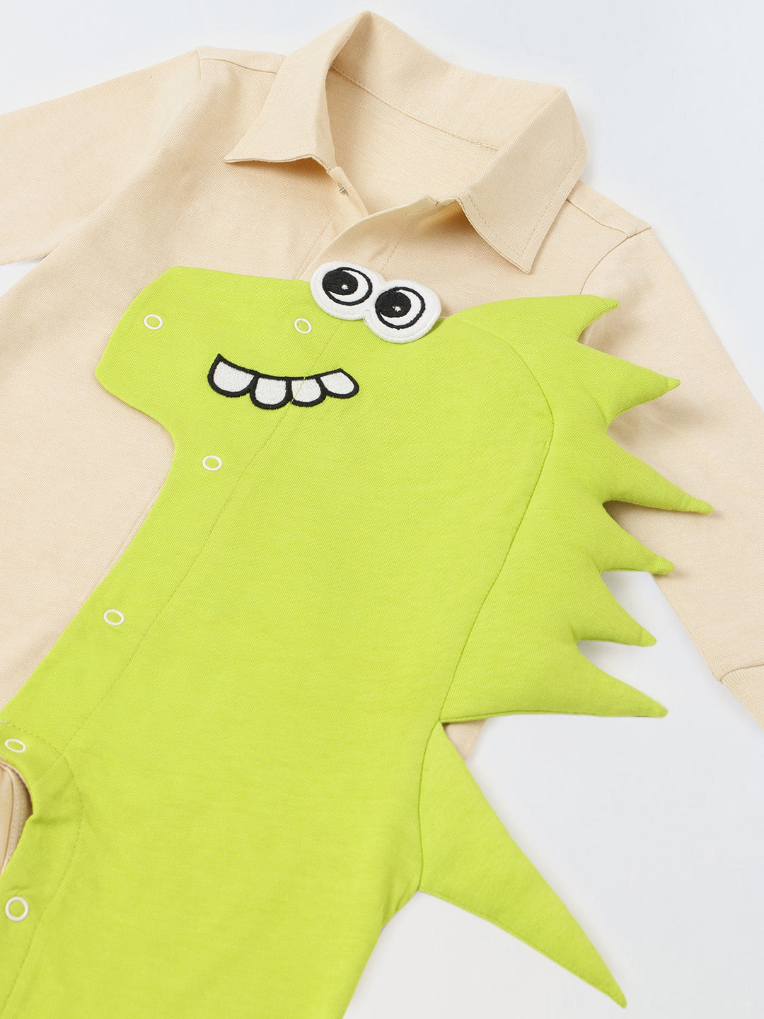Ecru & Green Cotton Jersey Romper With Dragon Patch For Infant's