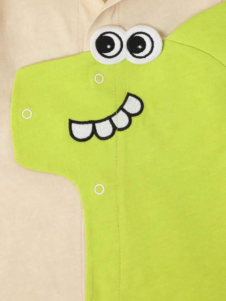Ecru & Green Cotton Jersey Romper With Dragon Patch For Infant's