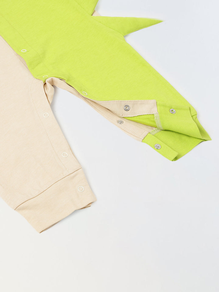 Ecru & Green Cotton Jersey Romper With Dragon Patch For Infant's