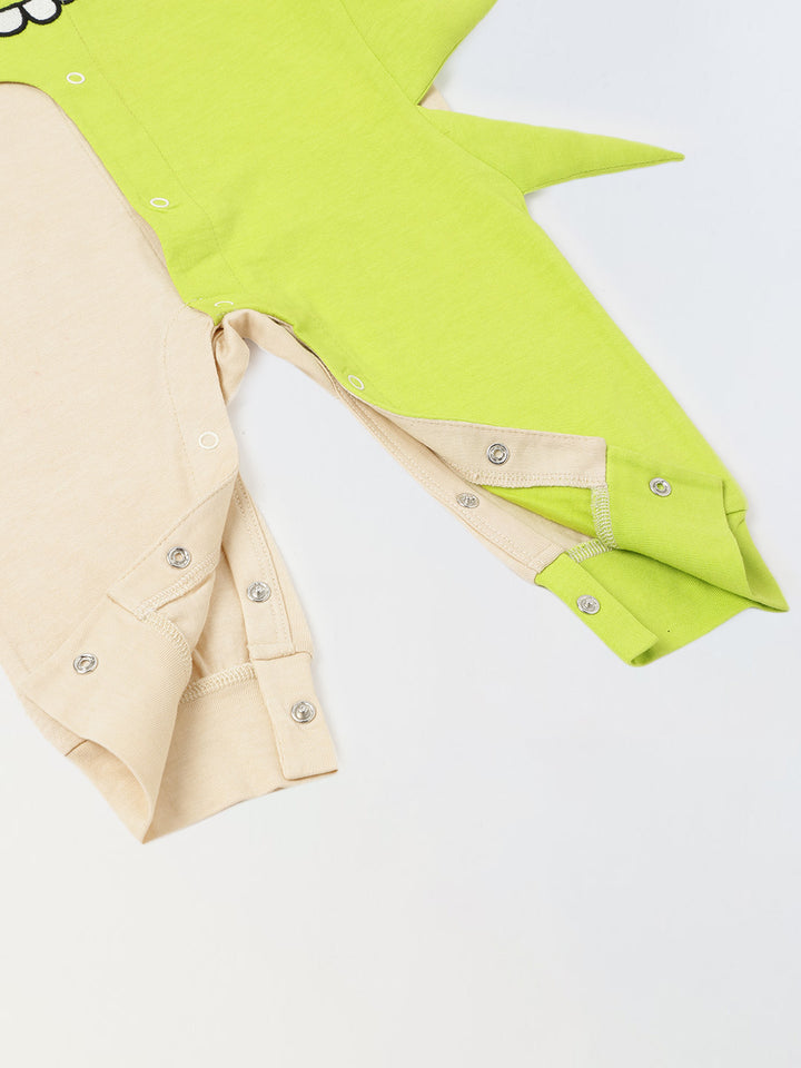 Ecru & Green Cotton Jersey Romper With Dragon Patch For Infant's