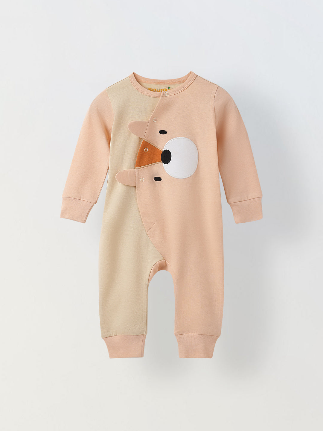 Pink & Off White Jersey Cotton Romper With Dog Face Patch For Infant's