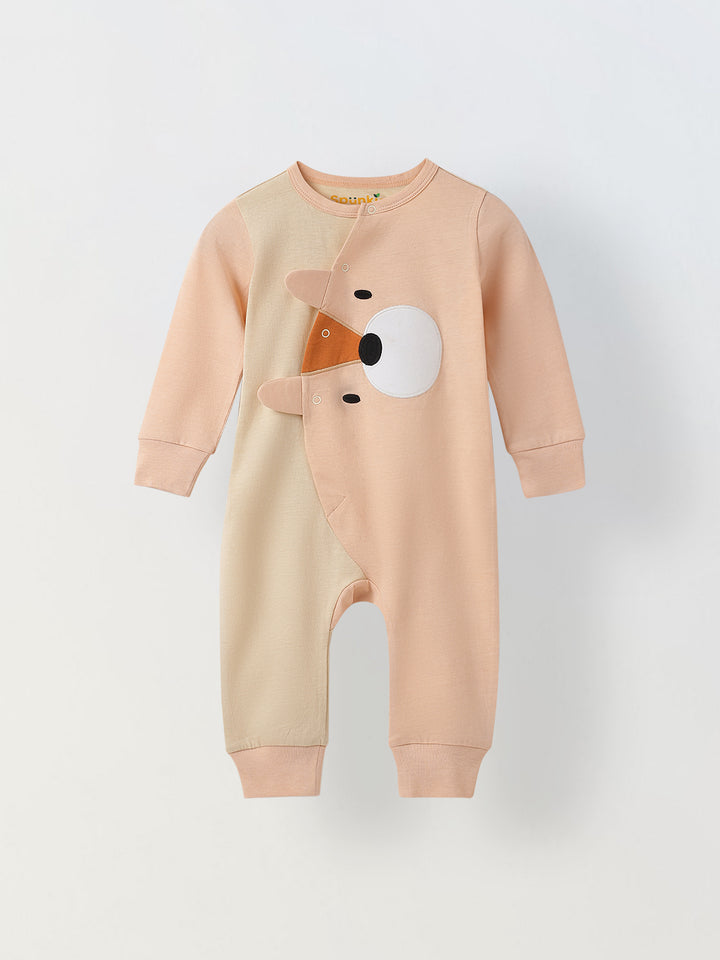 Pink & Off White Jersey Cotton Romper With Dog Face Patch For Infant's