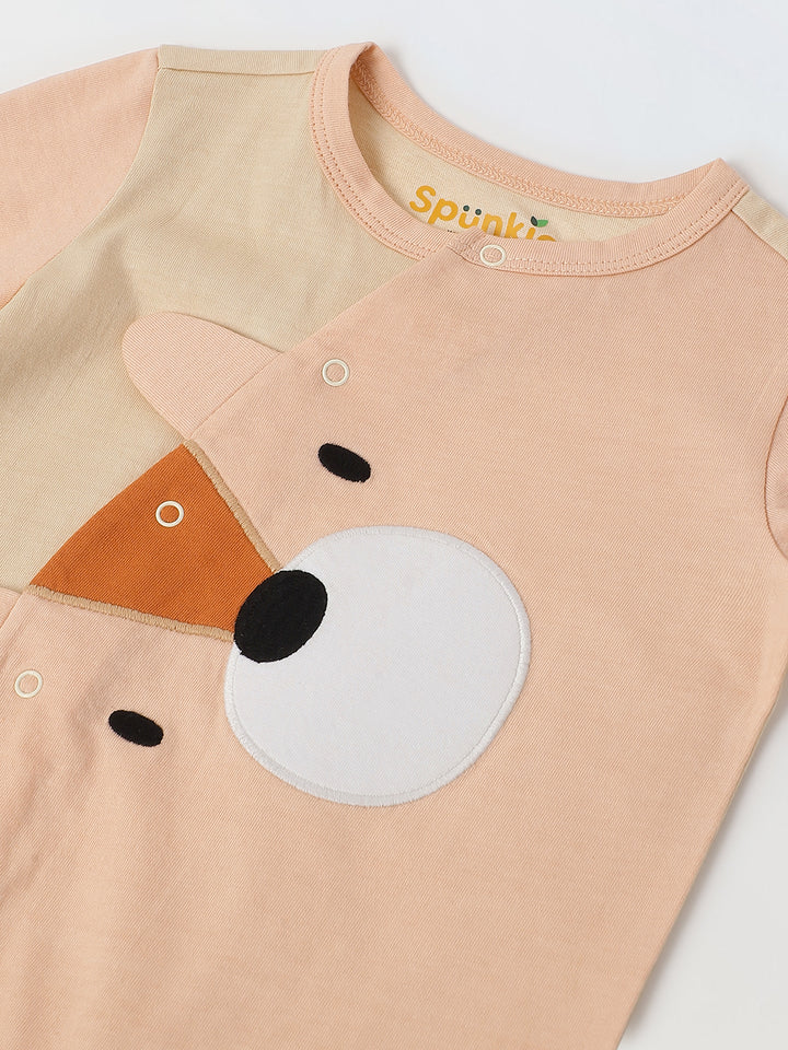 Pink & Off White Jersey Cotton Romper With Dog Face Patch For Infant's