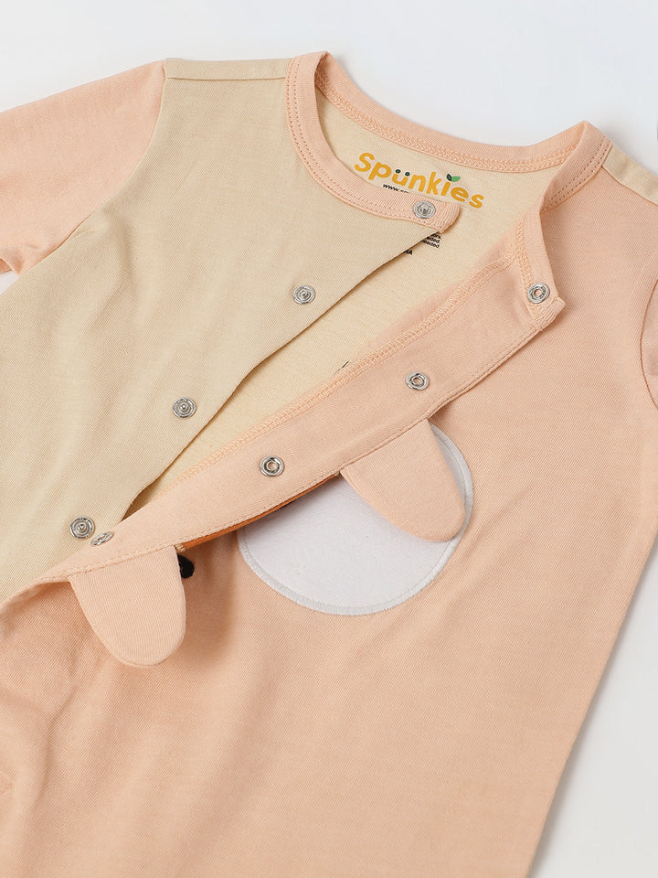 Pink & Off White Jersey Cotton Romper With Dog Face Patch For Infant's