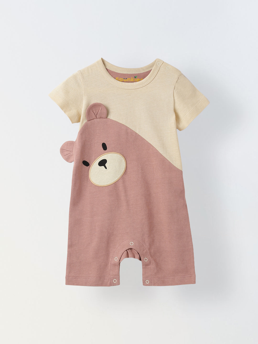 Ecru & Pink Jersey Cotton Romper With Bear Patch For Infant's