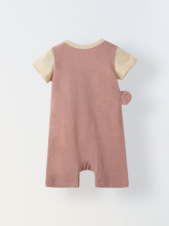 Ecru & Pink Jersey Cotton Romper With Bear Patch For Infant's