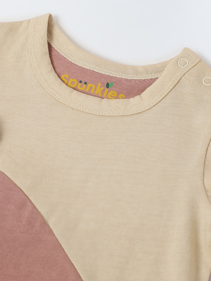 Ecru & Pink Jersey Cotton Romper With Bear Patch For Infant's