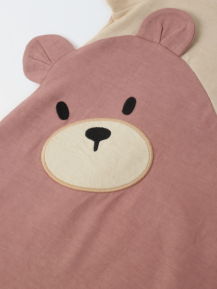 Ecru & Pink Jersey Cotton Romper With Bear Patch For Infant's