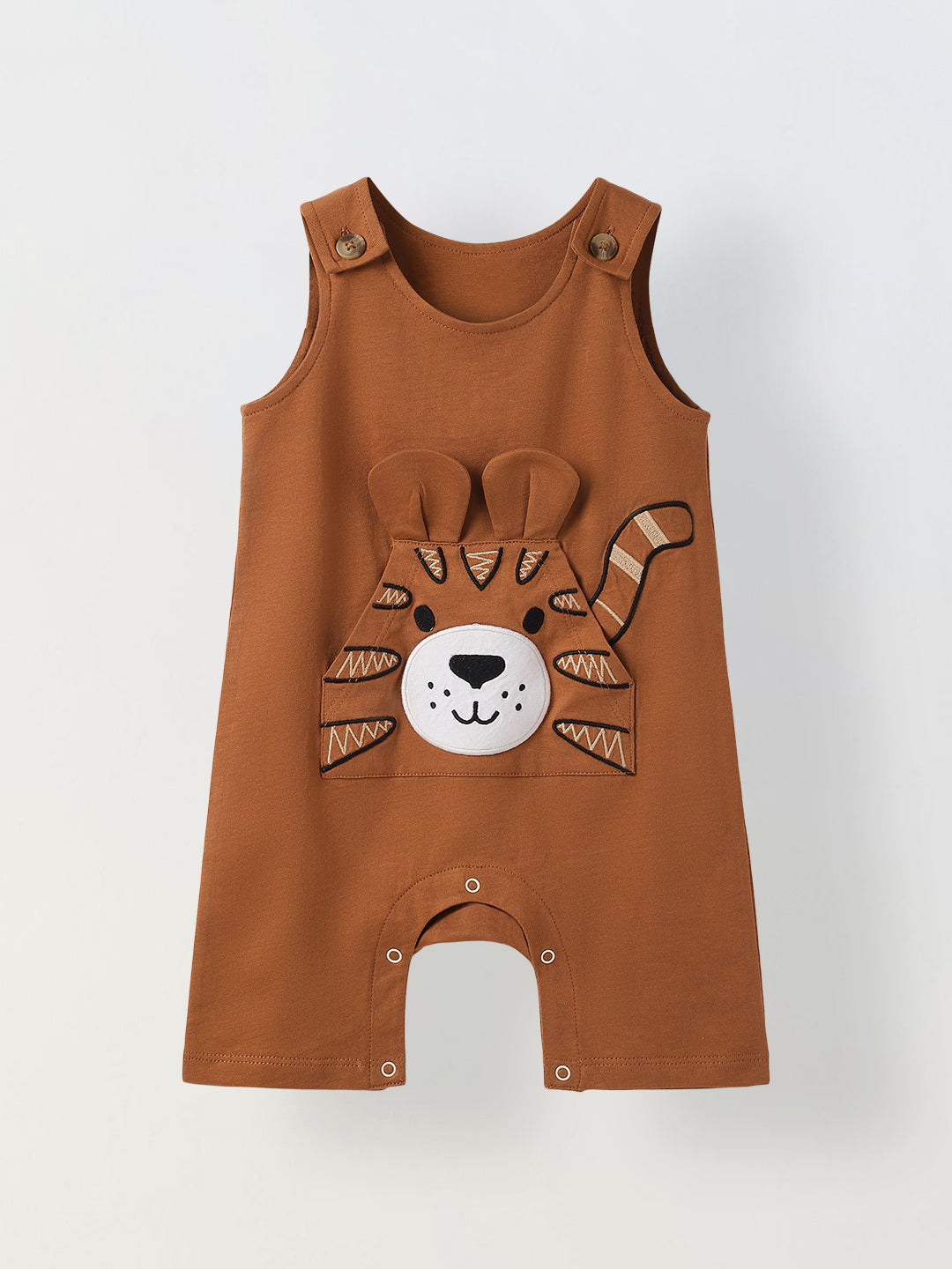 Infant Brown Cotton Single Jersey Romper With Lion Embroidery