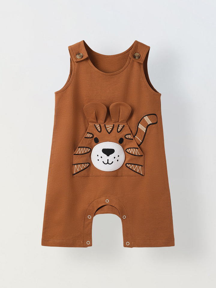 Infant Brown Cotton Single Jersey Romper With Lion Embroidery