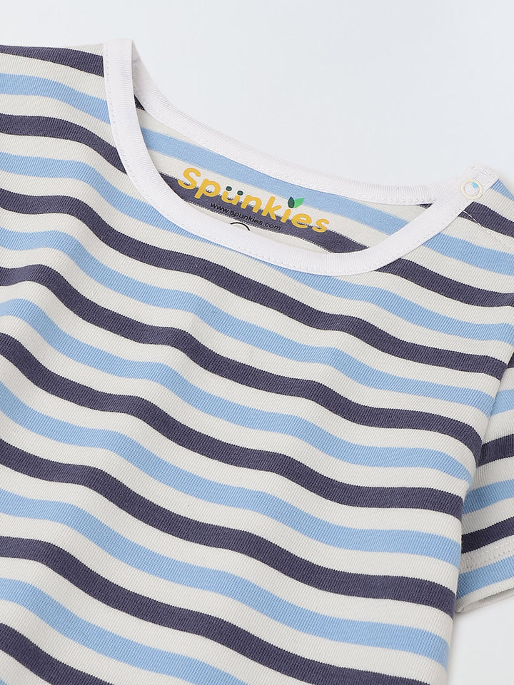 Infant Blue Stripe Cotton Round Neck Romper