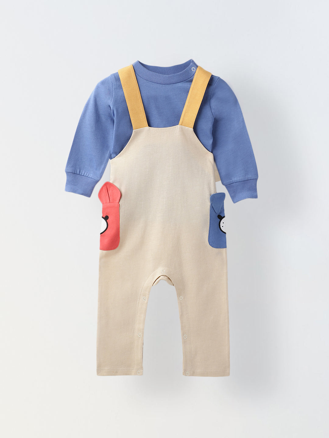 Infant  Blue Cotton Romper with Cartoon Pockets Overalls