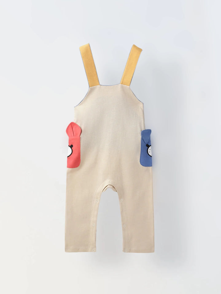 Infant  Beige Cotton Romper with Cartoon Pockets Overalls