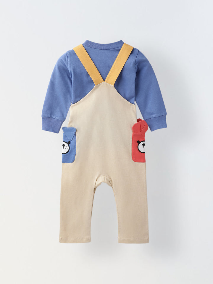 Infant  Blue Cotton Romper with Cartoon Pockets Overalls