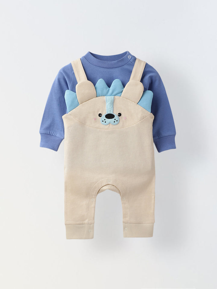 Blue & Beige Cotton Jersey Romper with Lion Embroidery for Infants