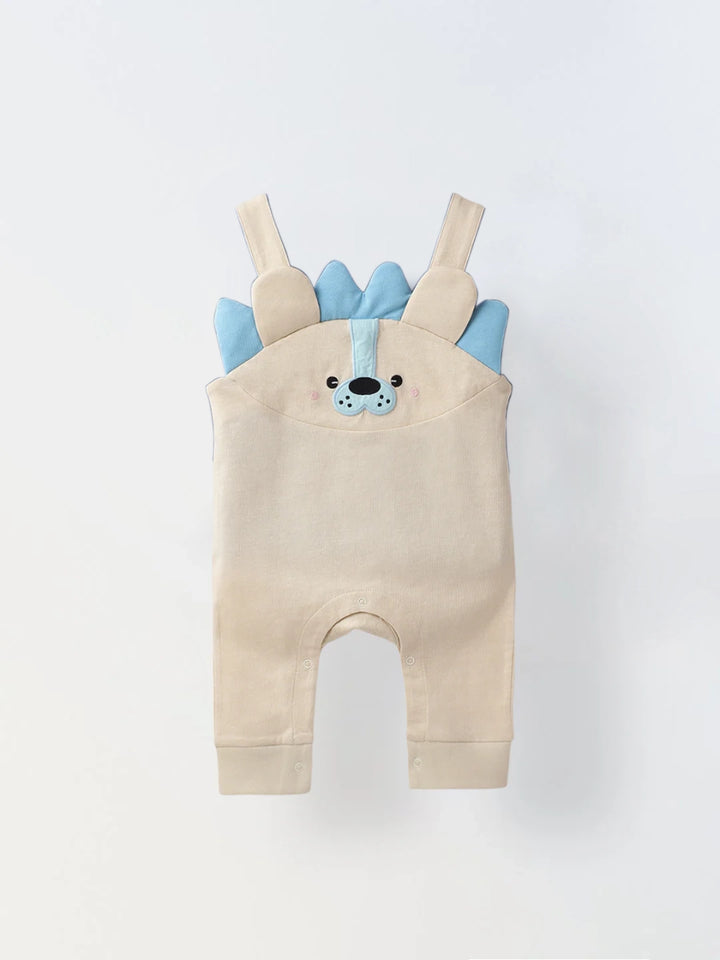 Beige Cotton Jersey Romper with Lion Embroidery for Infants