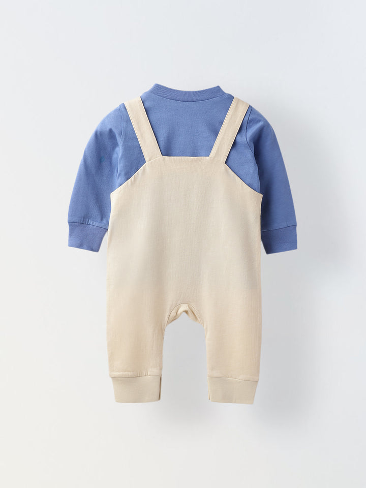 Blue & Beige Cotton Jersey Romper with Lion Embroidery for Infants