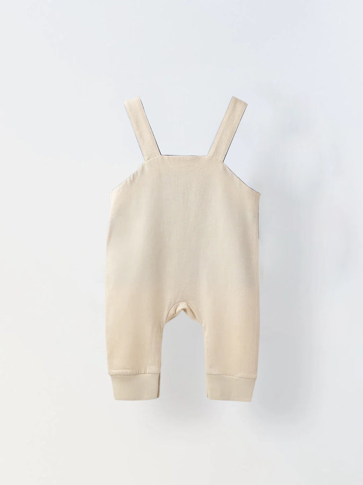 Beige Cotton Jersey Romper with Lion Embroidery for Infants