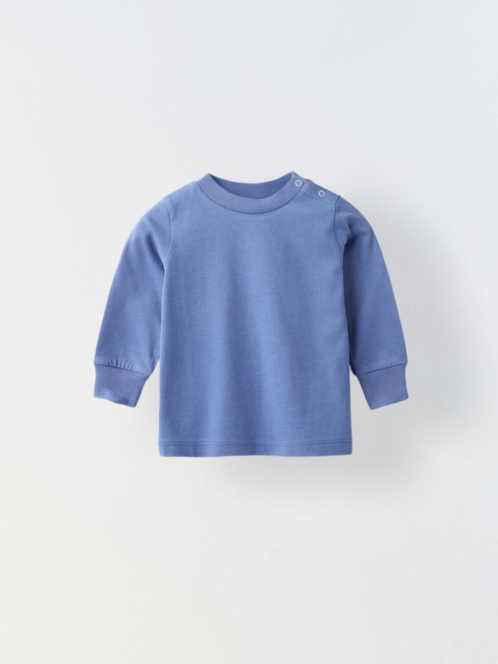Blue & Beige Cotton Jersey Romper with Lion Embroidery for Infants