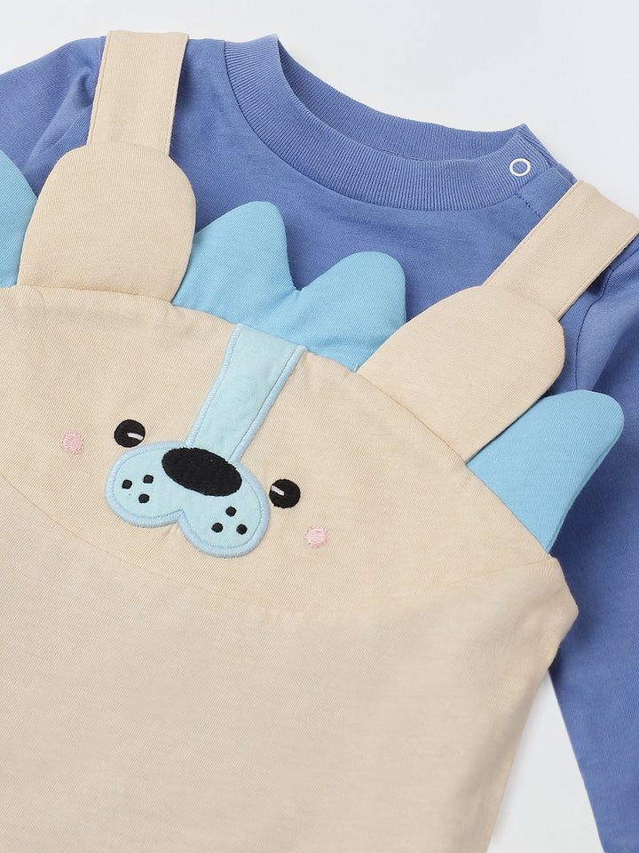 Blue & Beige Cotton Jersey Romper with Lion Embroidery for Infants