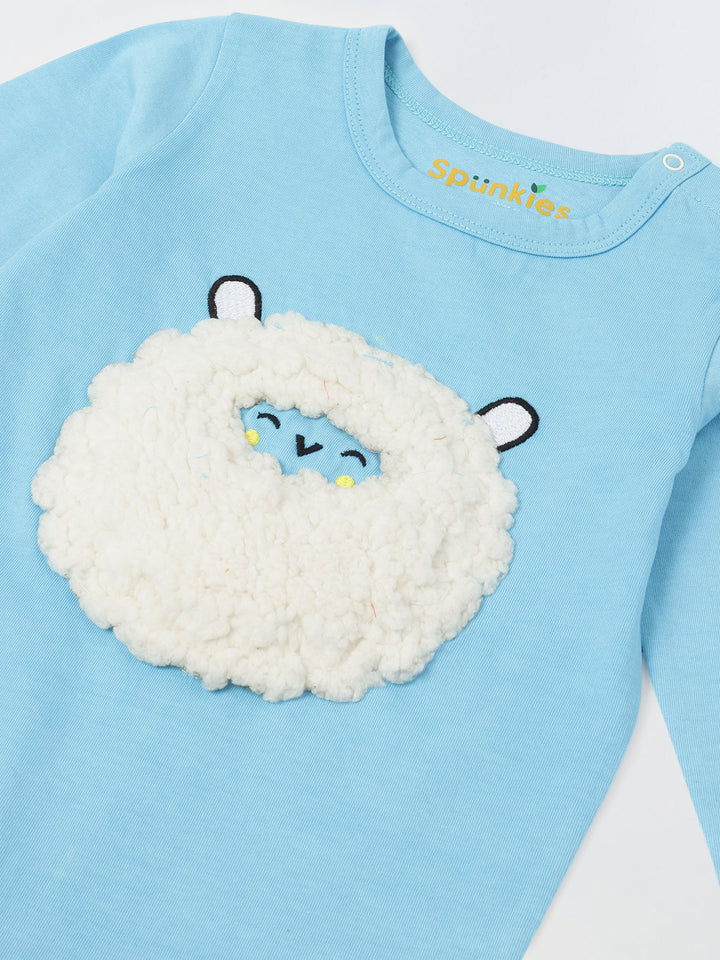 Turquoise Cotton Jersey Romper with White Sheep Patch for Infant's