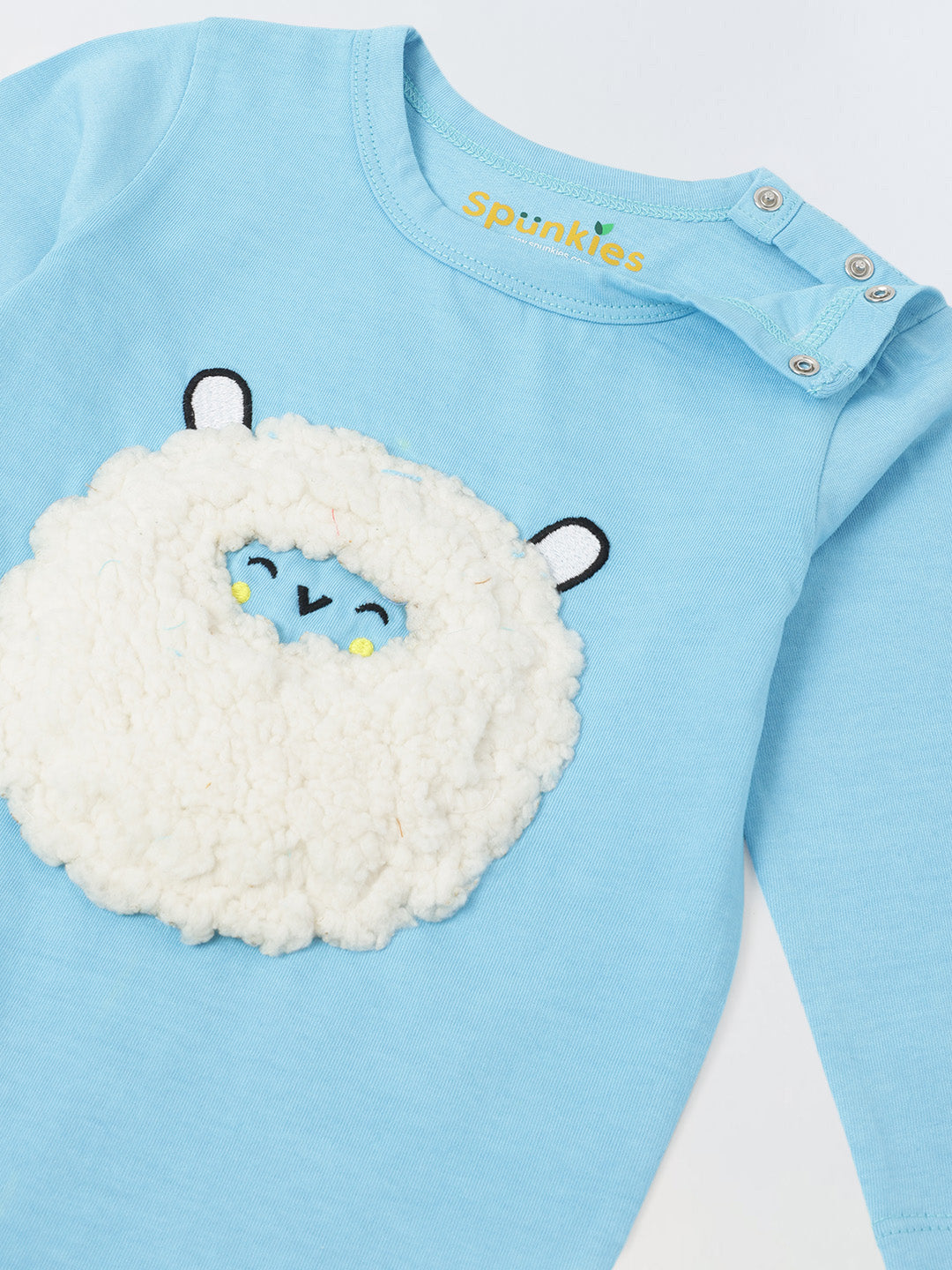 Turquoise Cotton Jersey Romper with White Sheep Patch for Infant's