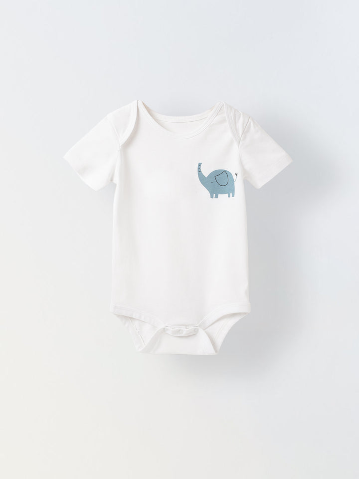 White Cotton Jersey Romper with Elephant Print for Infant's