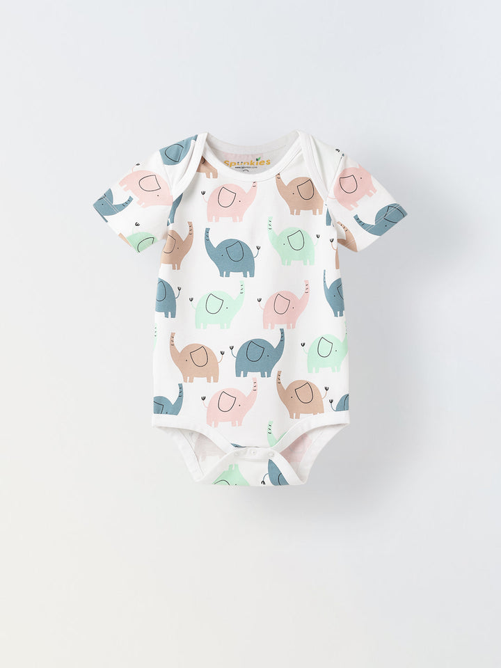 White Cotton Jersey Romper With Multicolour Elephant Print for Infants