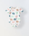 White Cotton Jersey Romper With Multicolour Elephant Print for Infants