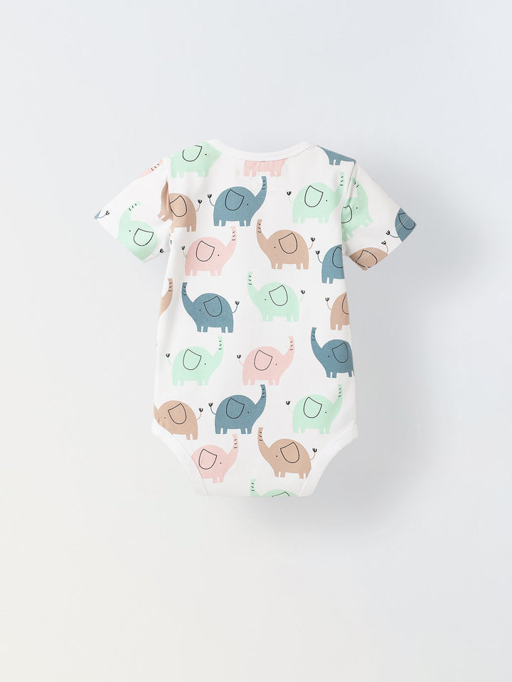 White Cotton Jersey Romper With Multicolour Elephant Print for Infants