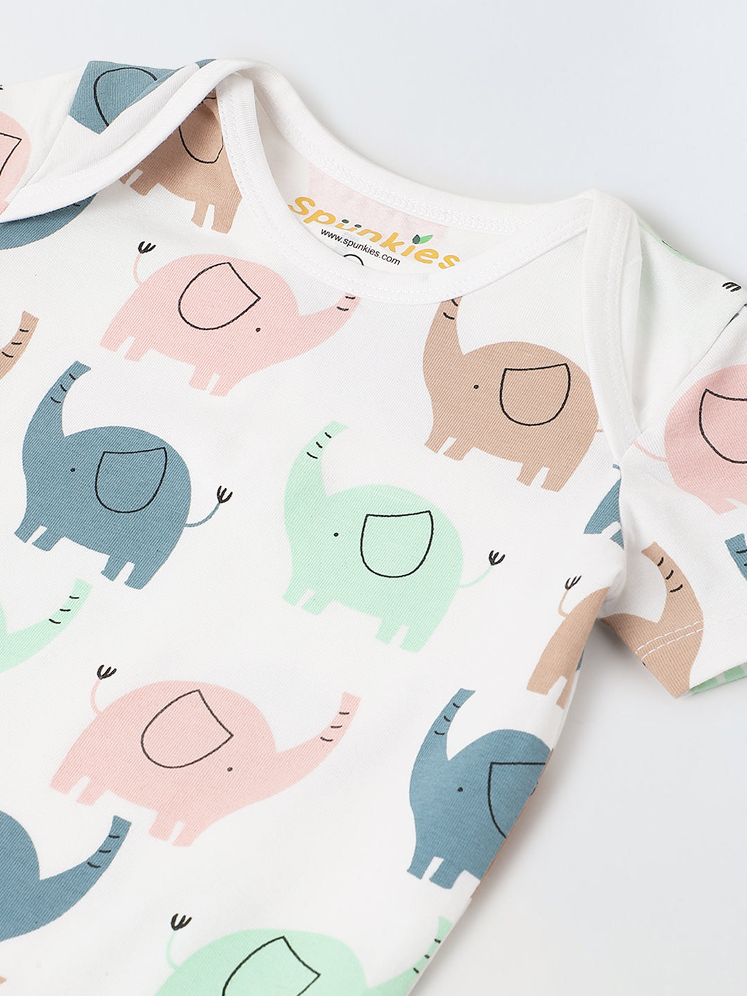 White Cotton Jersey Romper With Multicolour Elephant Print for Infants