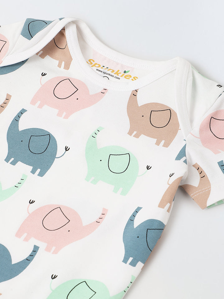 White Cotton Jersey Romper With Multicolour Elephant Print for Infants