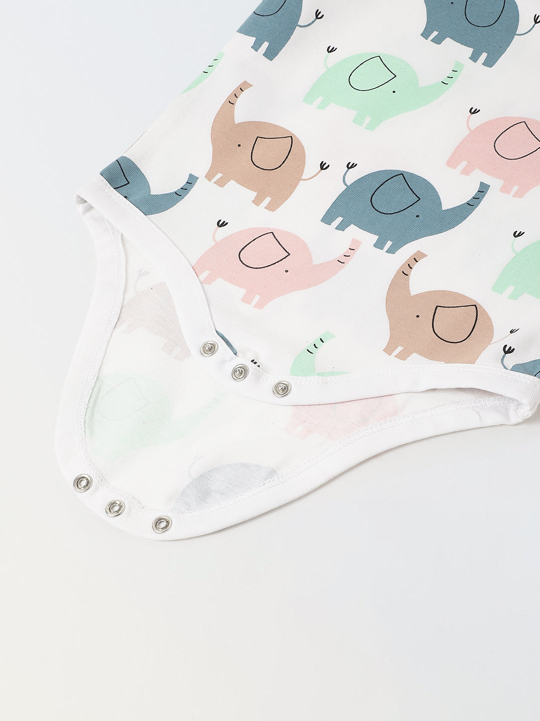White Cotton Jersey Romper With Multicolour Elephant Print for Infants