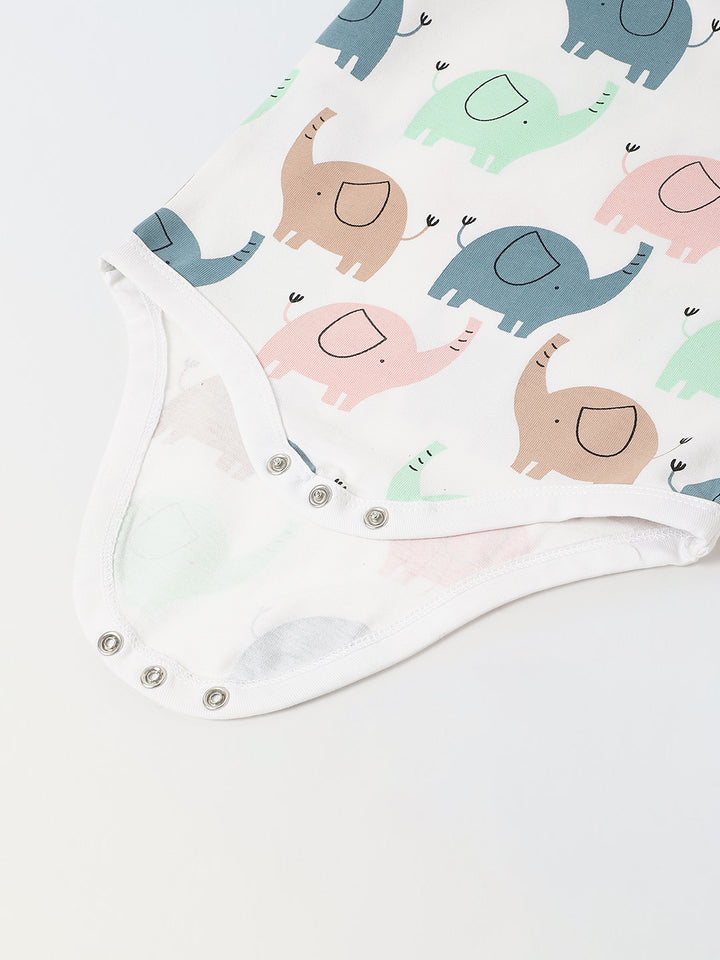 White Cotton Jersey Romper With Multicolour Elephant Print for Infants