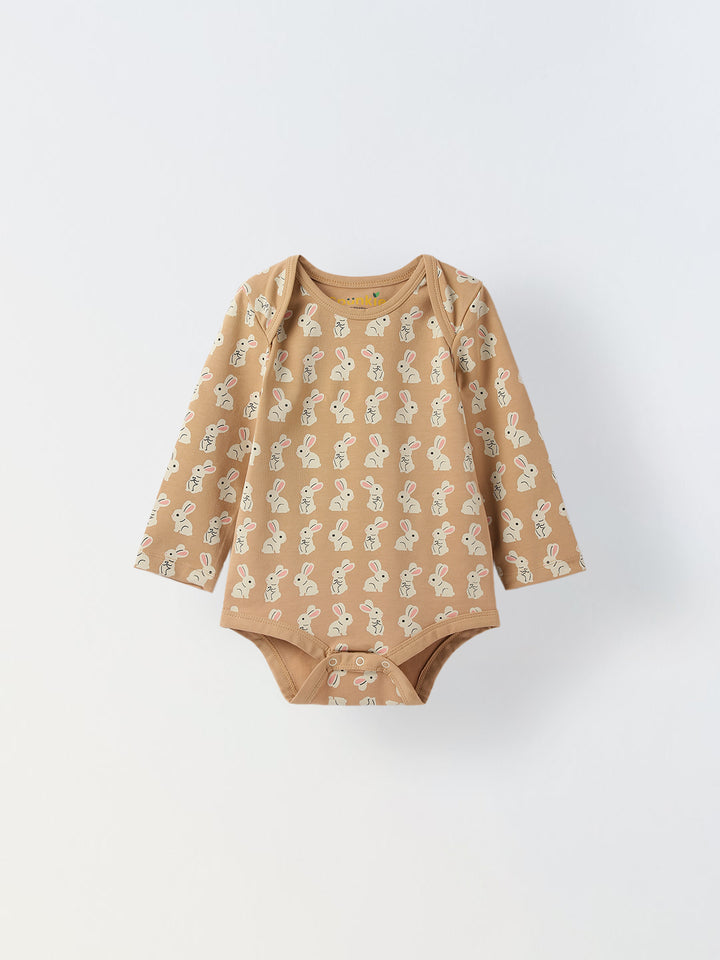 Infant Cotton Beige Full Sleeve Rabbite Print Romper