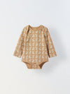 Infant Cotton Beige Full Sleeve Rabbite Print Romper