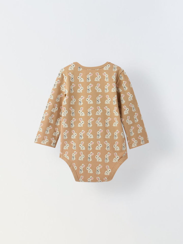 Infant Cotton Beige Full Sleeve Rabbite Print Romper