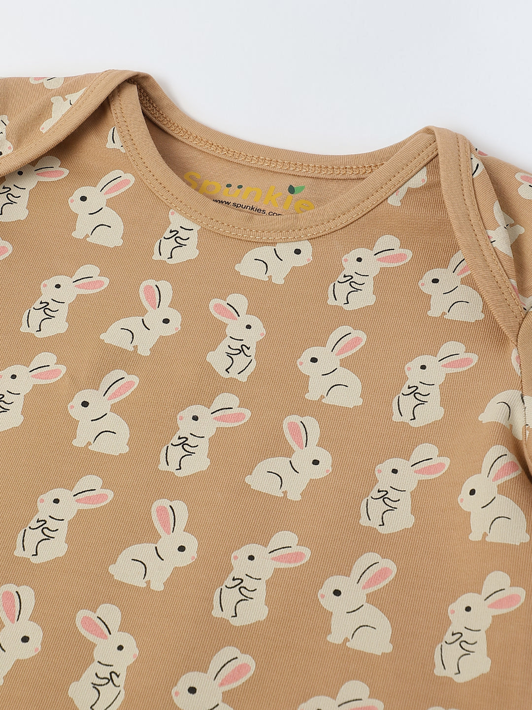 Infant Cotton Beige Full Sleeve Rabbite Print Romper
