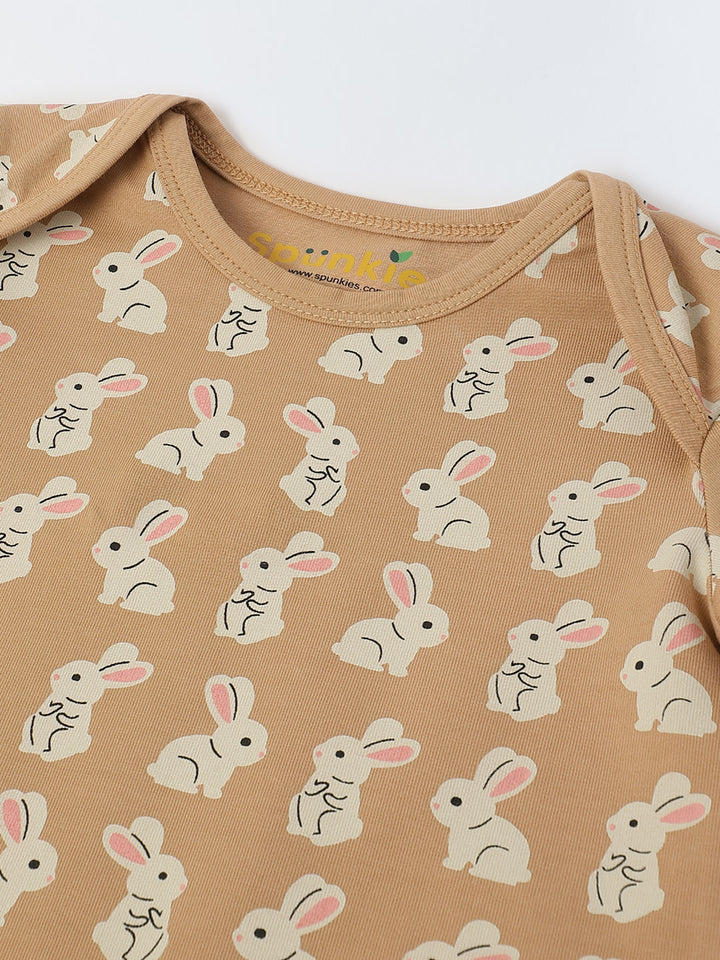 Infant Cotton Beige Full Sleeve Rabbite Print Romper