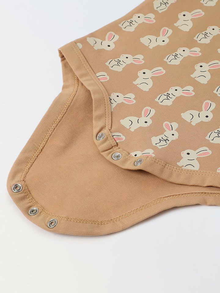 Infant Cotton Beige Full Sleeve Rabbite Print Romper