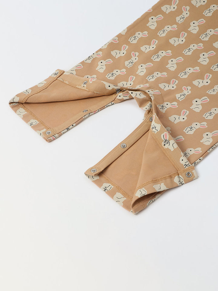 Infant Cotton Beige Full Sleeve Overall Printed Romper