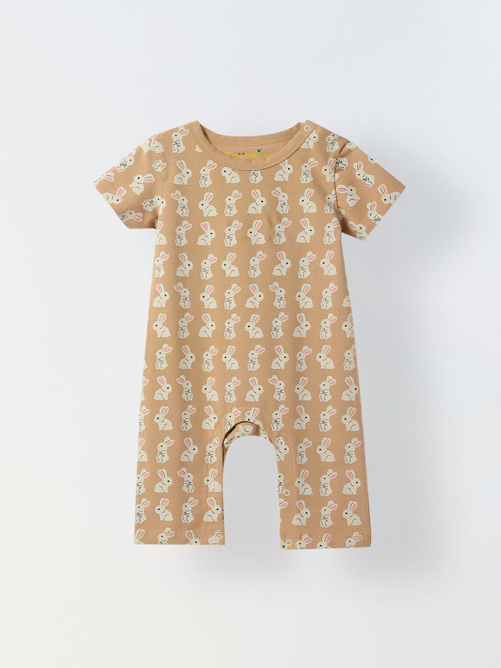 Infant Cotton Beige Full Sleeve Overall Printed Romper