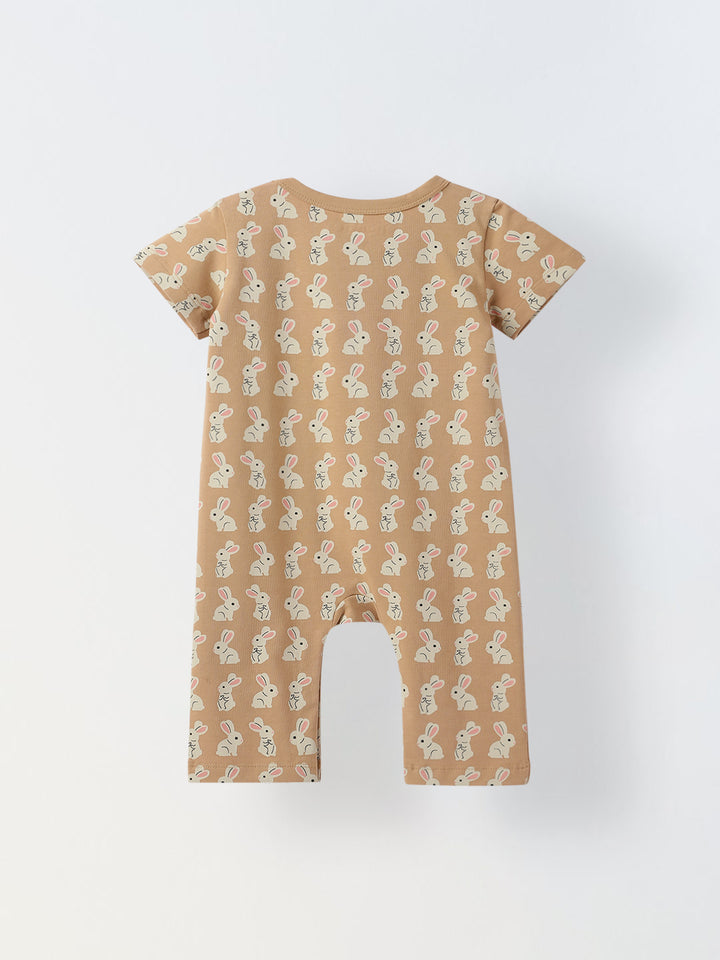 Infant Cotton Beige Full Sleeve Overall Printed Romper