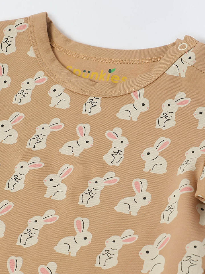 Infant Cotton Beige Full Sleeve Overall Printed Romper
