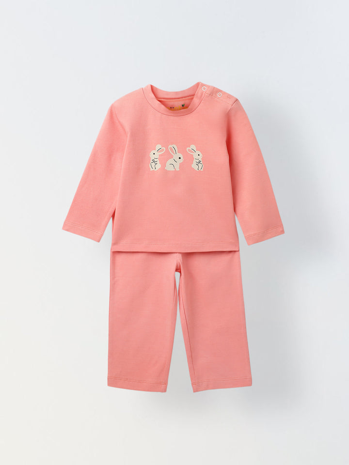 Infant Cotton Pink Full Sleeve Rabbit Printed Sets