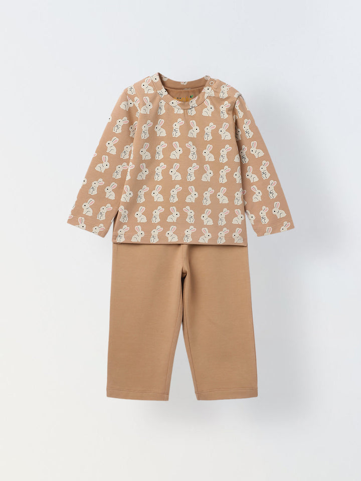 Infant Cotton Beige Full Sleeve Rabbit Printed Sets