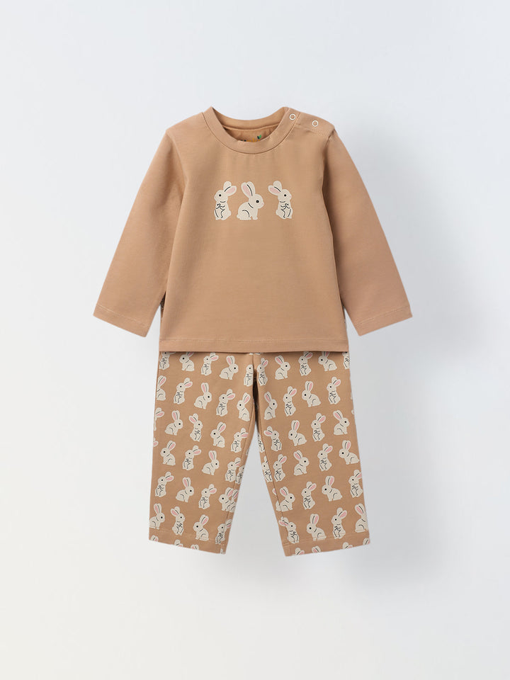 Infant Cotton Beige Full Sleeve Rabbit Printed Sets
